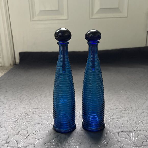 2 1950’s COBALT BLUE RIBBED GLASS BEEHIVE POTION BOTTLE w/STOPPER APOTHECARY 8”T - Picture 1 of 11